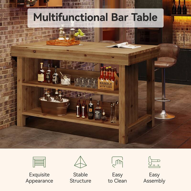 3-Tier 55-Inch Bar Table, Solid Wood Farmhouse Home Bar Unit