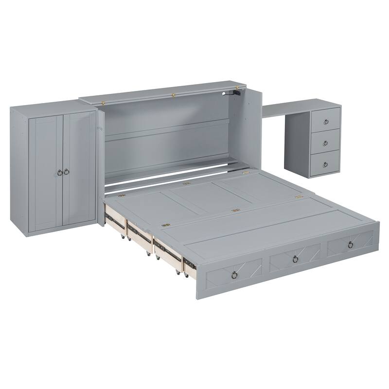 Queen Size Murphy Bed with USB Port, Large Drawer, and Wardrobe/Desk Combo - Versatile Cabinet Bed