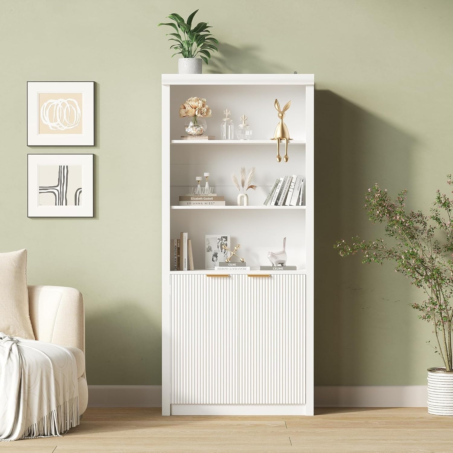 71" Tall Bookshelf with Fluted Doors, 5 Tier Bookcase Display Shelves with Storage Cabinet & Adjustable Shelf, White