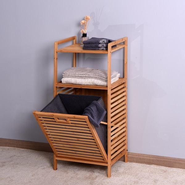 Bathroom Laundry Basket Bamboo Storage Basket with 2 Tier Shelf