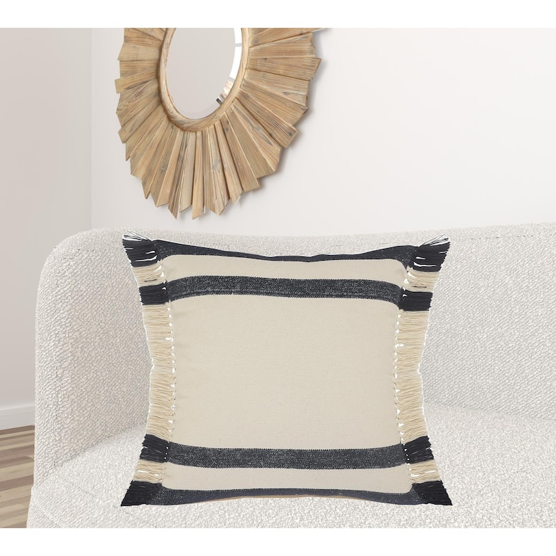 HomeRoots 26" X 26" Ensign Blue White And Linen 100% Cotton Striped Zippered Pillow