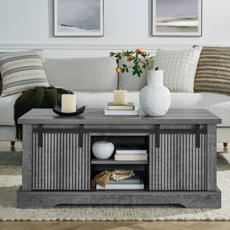 Rustic Coffee Table with Storage and Sliding Wooden Door, Adjustable Shelves for Living Room Meeting Room