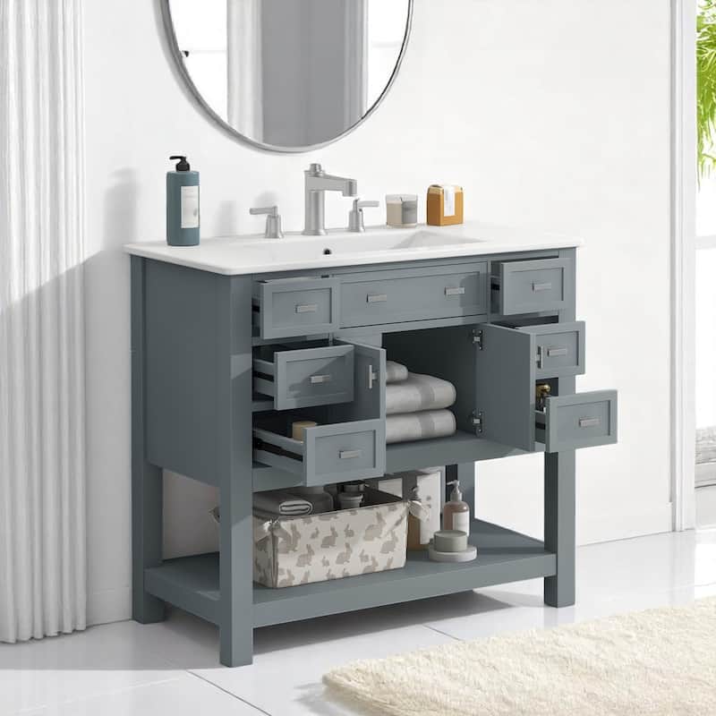 36 Inch Freestanding Bathroom Vanity with Ceramic Sink, 6 Soft Close Drawers, Modern Single Sink Cabinet