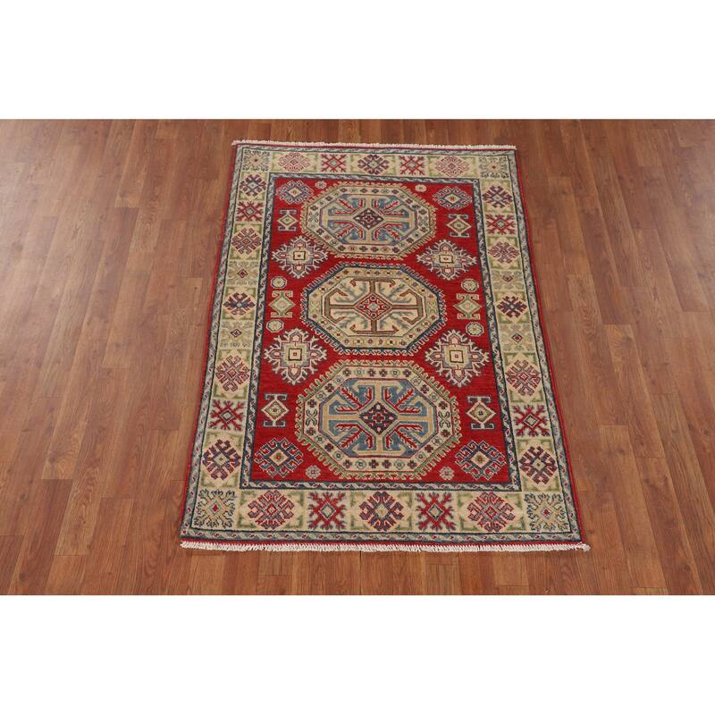 Geometric Kazak Oriental Accent Rug Handmade Red Wool Carpet - 3'5" x 4'11"