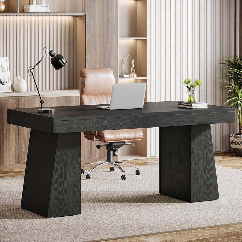 55 Inches Mid-Century Executive Desk with Double Trapezoid Base