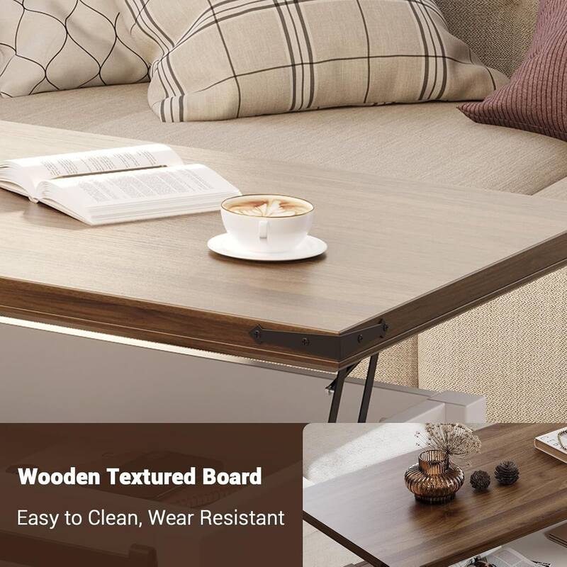 Rustic Multifunctional Lift-Top Coffee Table - N/A