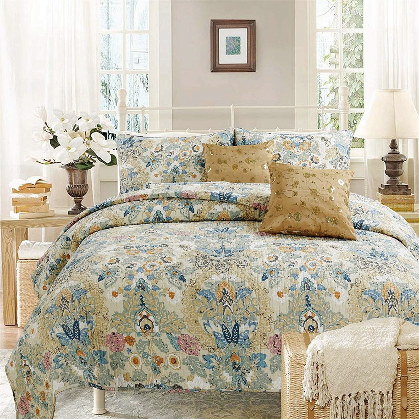 Superior Hibiscus Cotton Matelasse Woven Bedspread and Sham Set