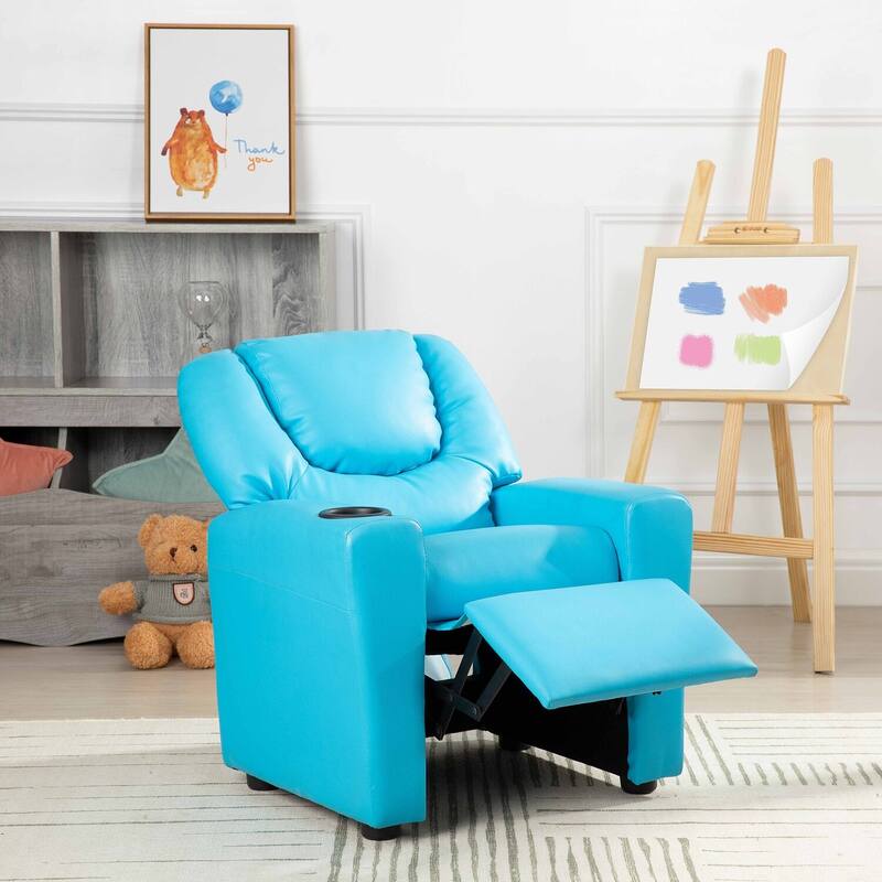 PVC Kids Recliner Chair with Push-Back Reclining Function, Cup Holder, and Comfortable Footres