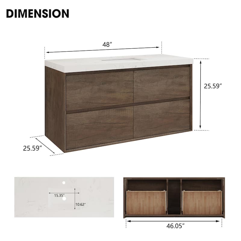 Sylphar 48 inch Bathroom Vanity with Sink, Floating Oak Cabinet with Stone Top