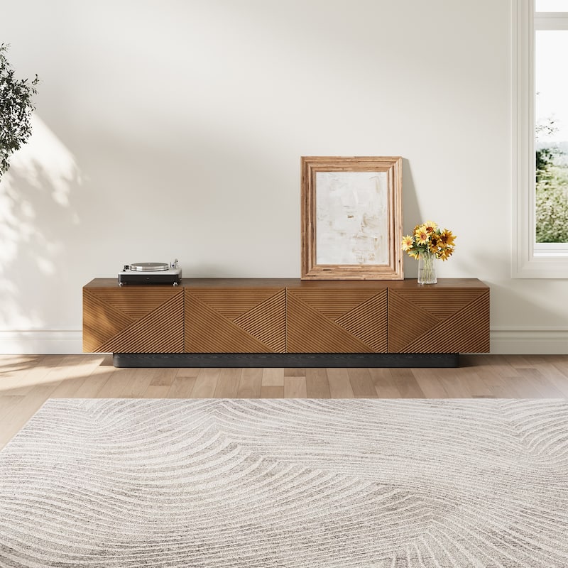 78.74" Mid Century Modern TV Stands, with Brown Solid Wood Veneer, Media Consoler with 4 Cabinets