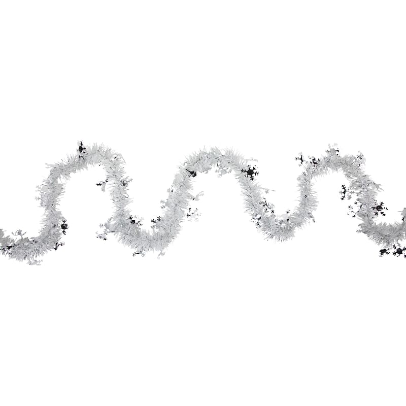 50' x 2" Christmas Tinsel Garland with Snowflakes - Unlit - White and Silver