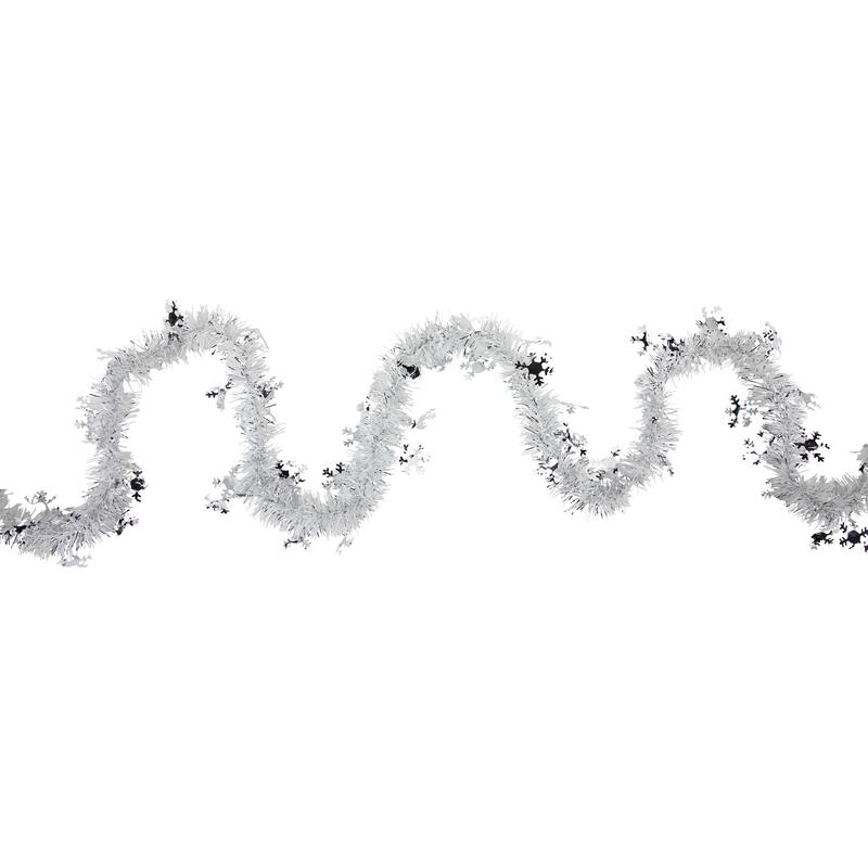 50' x 2" White Silver Christmas Tinsel Garl with Snowflakes - Unlit