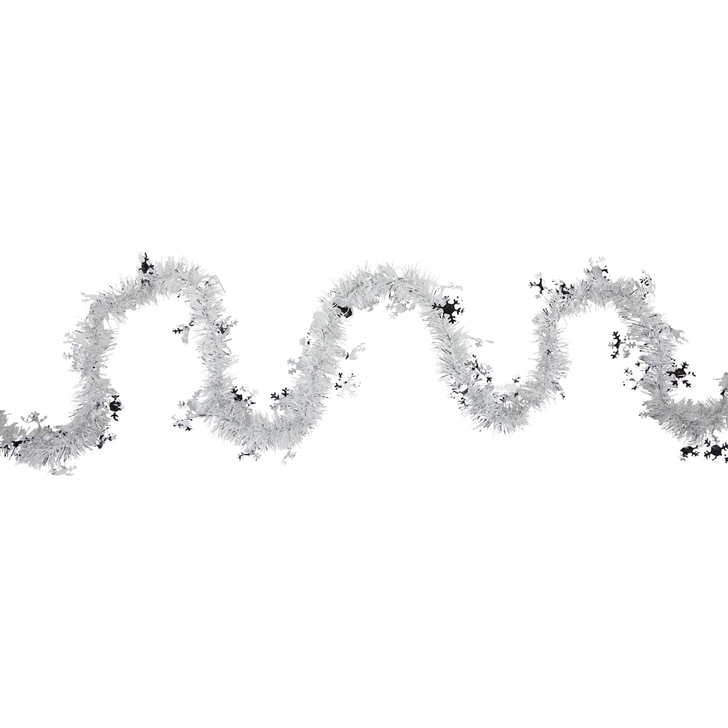 50' x 2" White Silver Christmas Tinsel Garl with Snowflakes - Unlit