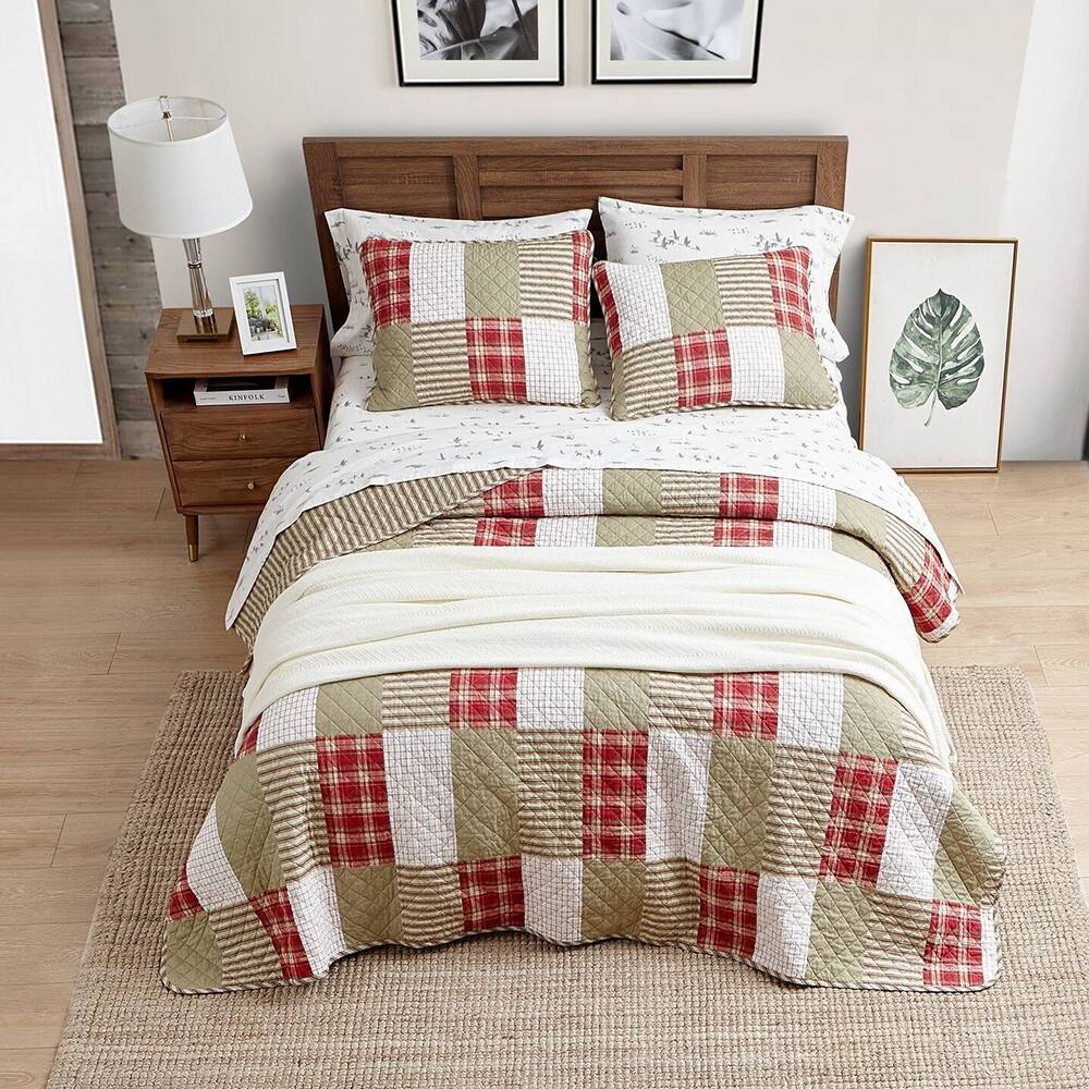 3pc King Plaid Quilt Set Reversible Super Soft Light Red Bed Bath