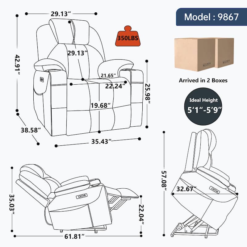 Power Lift Recliner Chair for Elderly Heated Vibration Massage, Lounge Sofa with USB Ports, Cup Holders & Side Pockets