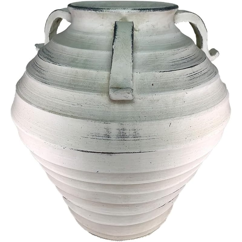 Bohemian Ceramic Urn Vase with Handles White Wash Vintage Finish - Off-White