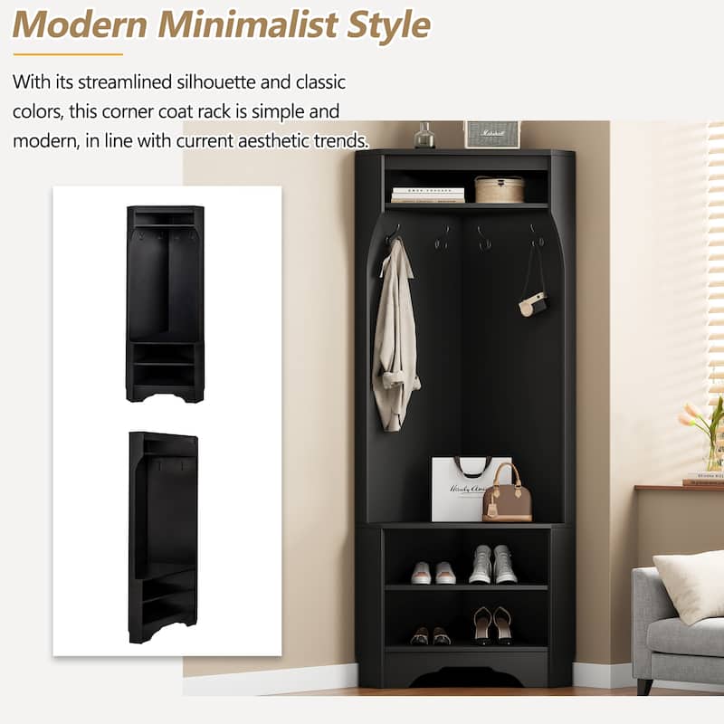 Minimalist Corner Hall Tree with Shoe Bench & 4 Hooks - Versatile Entryway Coat Rack & Adjustable Shelf Cabinet