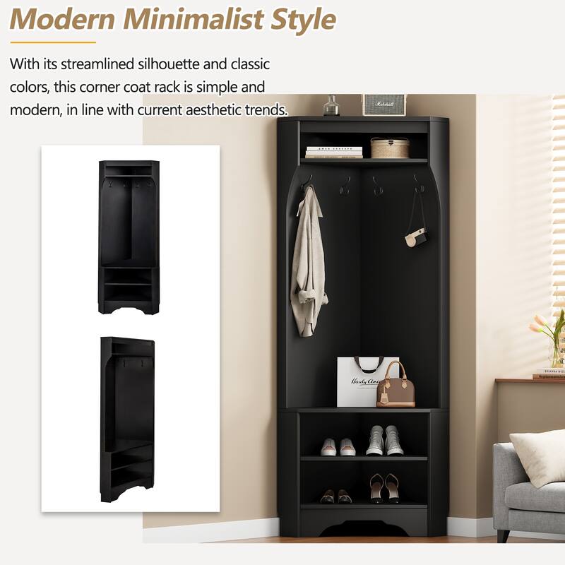 Space-Saving Corner Coat Rack with Shoes Storage Rack, Adjustable Shelf, and 4 Hooks for Hallway Entryway or Porch Organizer