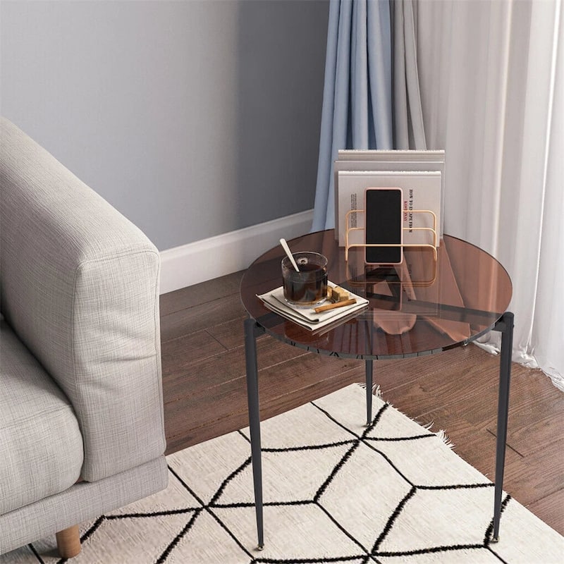 Round Tempered Glass End Table Sofa Table with Metal Frame for Living Room - 19.7x19.7 inch -  Brown Tinted + Black