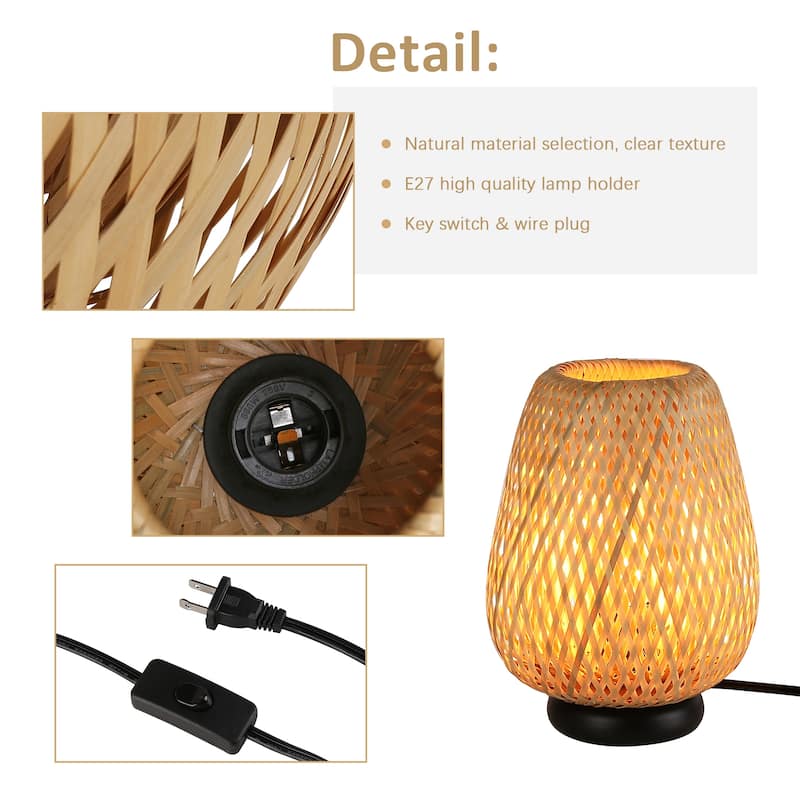 Rattan Bamboo Woven Japanese Stye Table Lamp, Retro Wicker Handmade Boho Nightlight Reading Lamp for Bedrooms Living Room