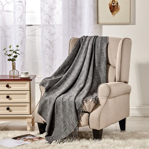 Wellco Ultra Soft Knitted Throw Blanket With Boho Tassels - 50" x 60", Stripe Patterns, Grey