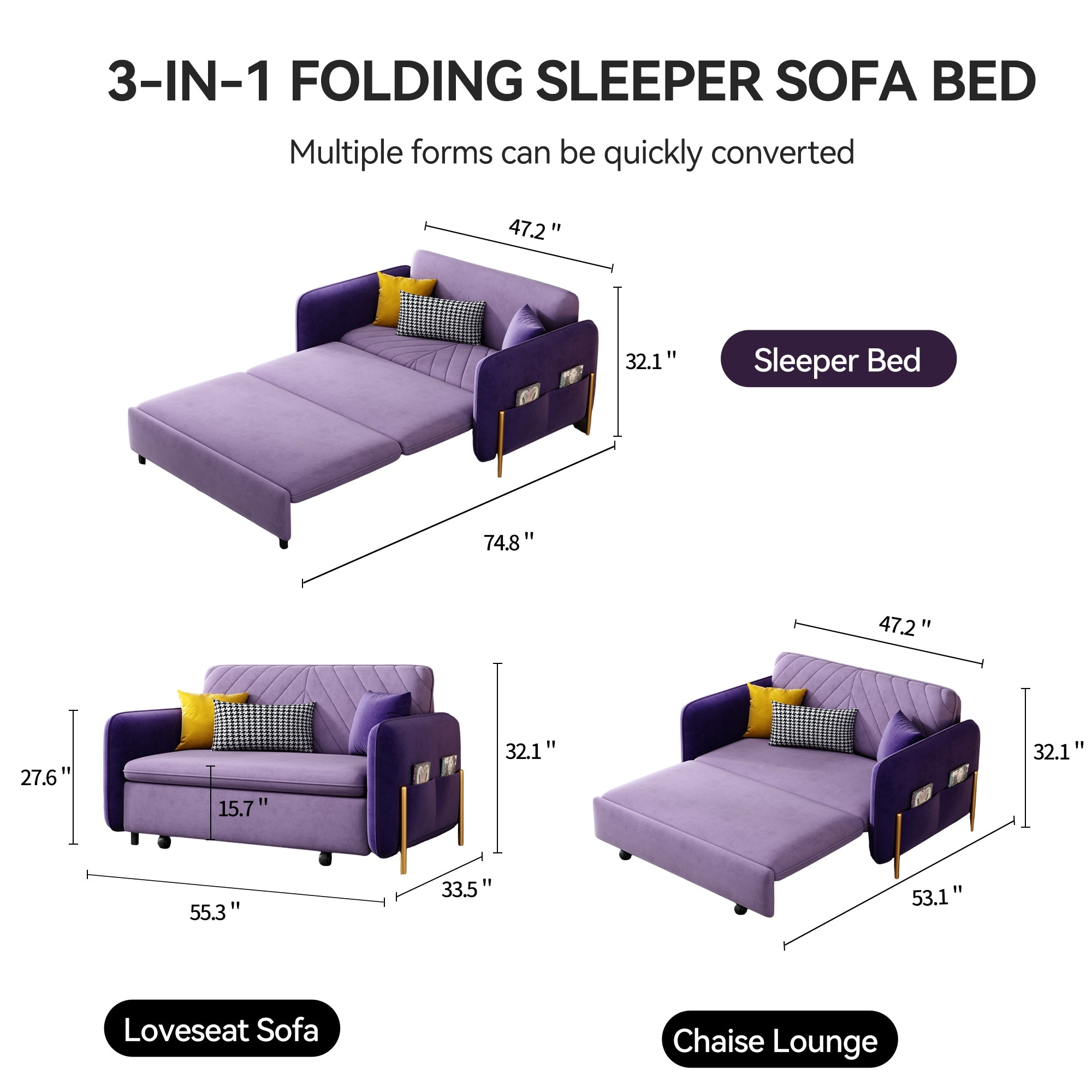 53.5” Full Sleeper Sofa Upholstered Convertible Sofa Bed 3-in-1 Sleeper Sofa Couch, Small Tufted Velvet (purple)