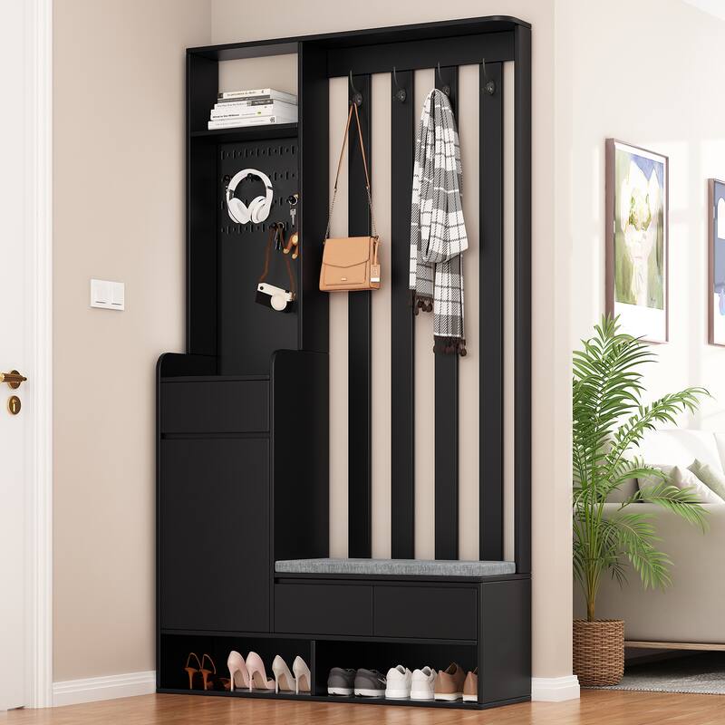 Contemporary Entryway Wood Hall Tree, Hall Trees with Bench and Shoe Storage