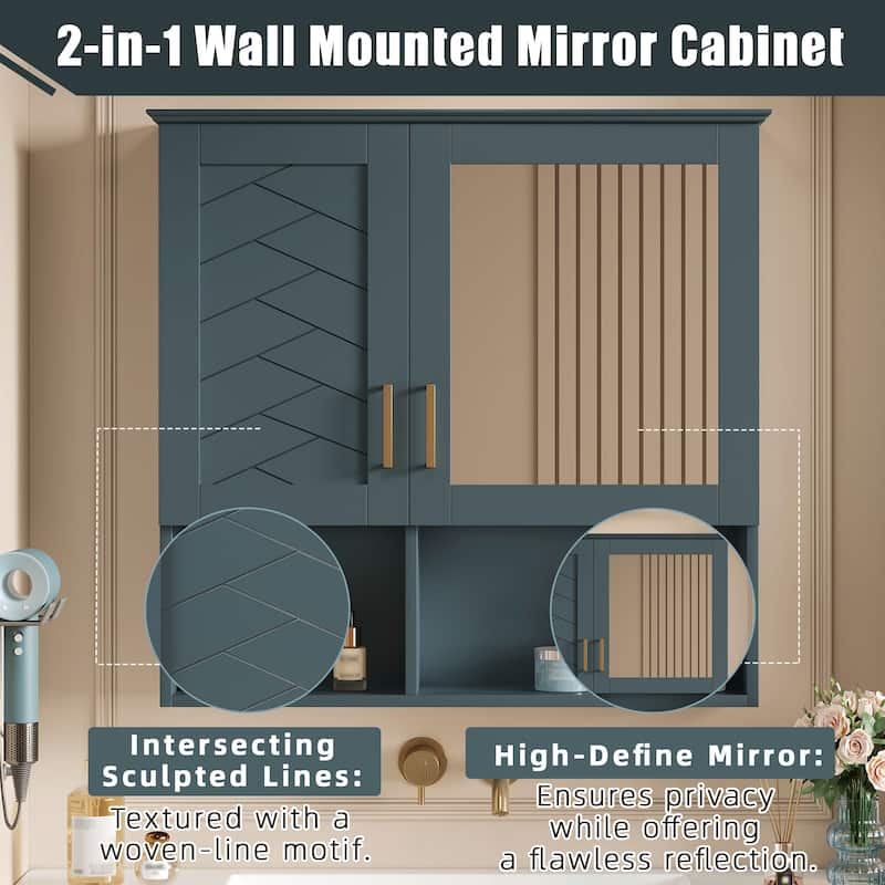 Rossetta Wall Mounted Elegant Sculpted Lines Pattern Bathroom High-Define Mirror Cabinet with Adjustable Shelves