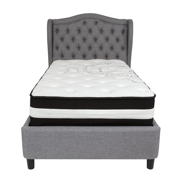 Offex Valencia Tufted Upholstered Twin Size Platform Bed in Light Gray Fabric with Pocket Spring Mattress