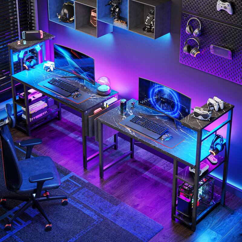 Computer Desk Home Office Desk with LED & Adjustable Shelves