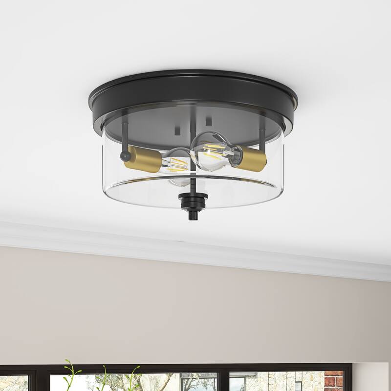 13 inch 2-Light Farmhouse Close to Ceiling Lighting Fixture with Clear Glass Shade for Entryway, Kitchen - Black