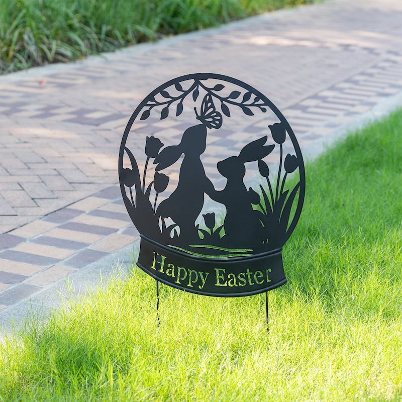 Glitzhome 30"H Easter Metal Silhouette Bunny Couple Yard Stake Wall Decor (Two Function)