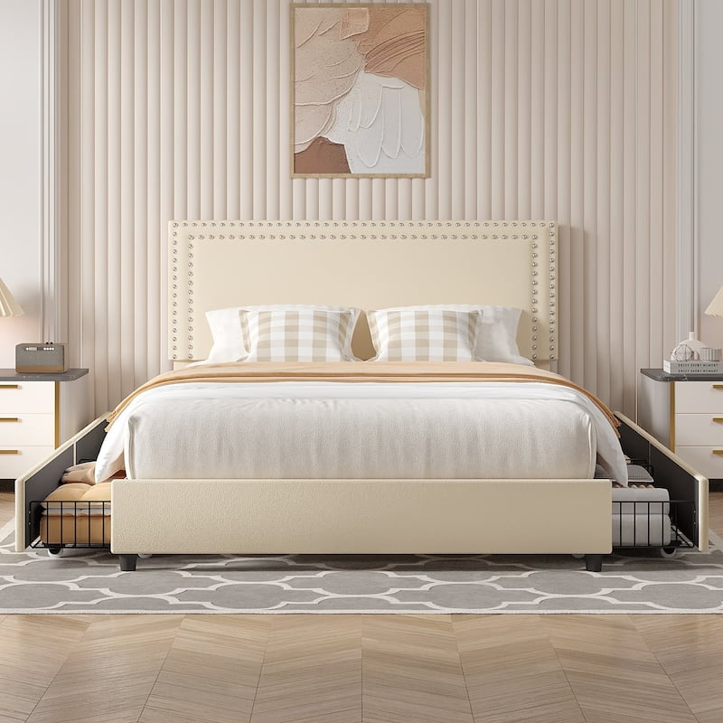VECELO Upholstered Storage Bed Frames with 4 Storage Drawers, Platform Bed Frame with Adjustable Velvet Rivets Headboard - Beige - Queen