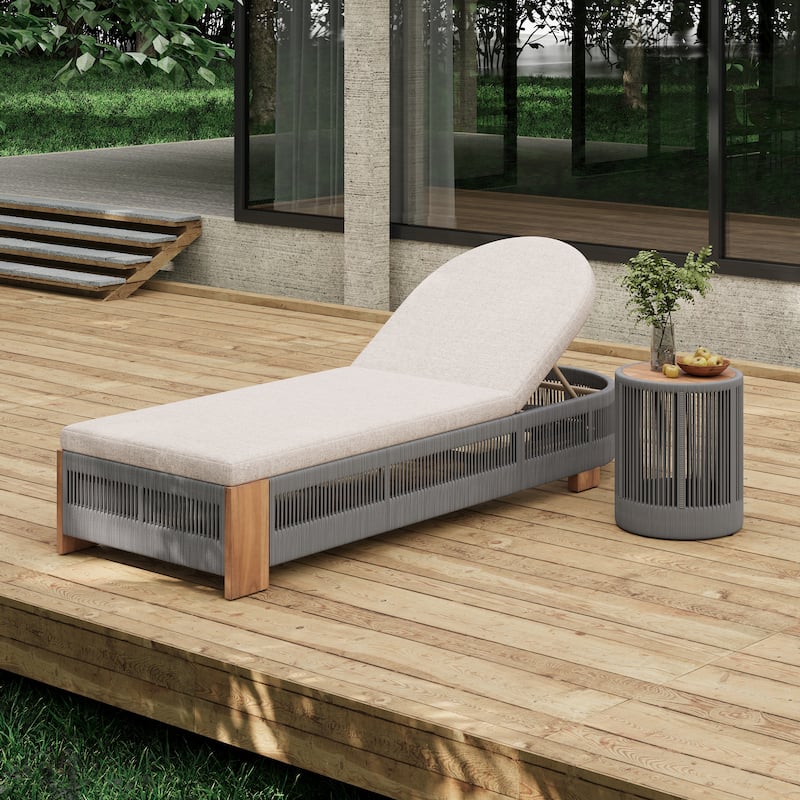 Christopher Knight Home - Eulalia Acacia Wood Outdoor Chaise Lounge With Cushion And 1 Table. - 2 Piece - Teak Look Wood + Grey Rope + Natural Iron