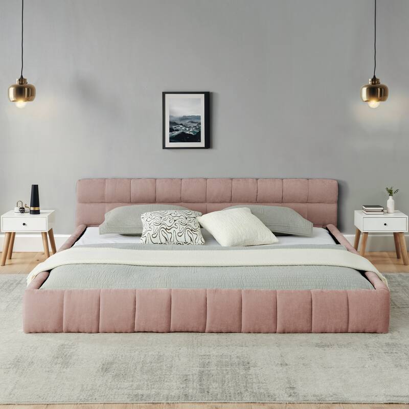 California King Size Chenille Fabric Bed Frame, Upholstered Grounded Platform Bed with Headboard, No Box Spring Needed - Pink - California King
