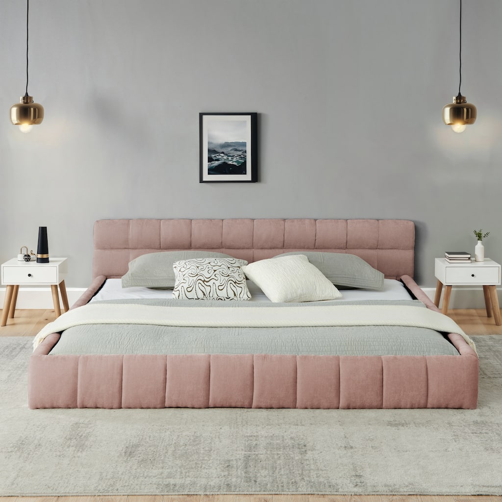 California King Size Chenille Fabric Bed Frame, Upholstered Grounded Platform Bed with Headboard, No Box Spring Needed