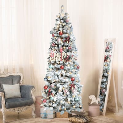 VEIKOUS Pre-Lit Artificial Christmas Tree Pencil Snow with Foldable Iron Stand with LED lights, 5.5/6.5/7.5 ft