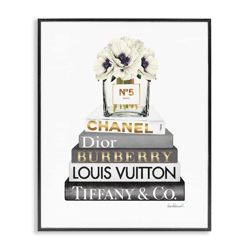 Stupell Blooming White Floral Display on Glam Designer Bookstack Framed Wall Art - Multi-Color - 11 x 14 - Grey