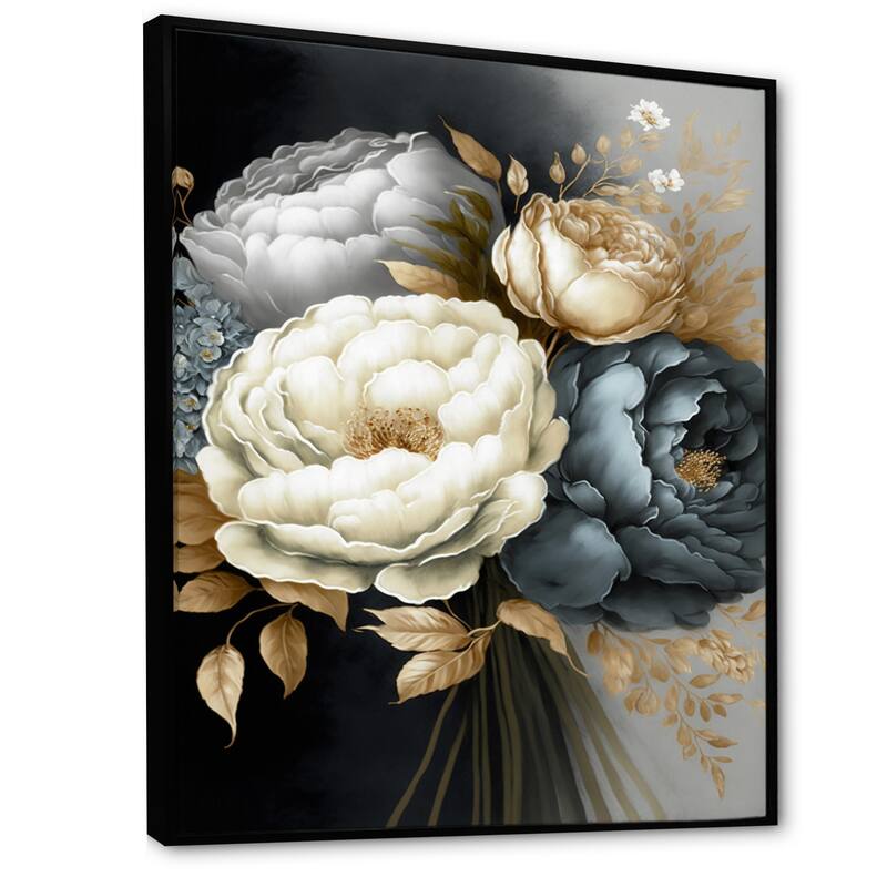 Designart "White, Blue And Grey Peony Bouquet III" Floral & Botanical Framed Canvas Art Print