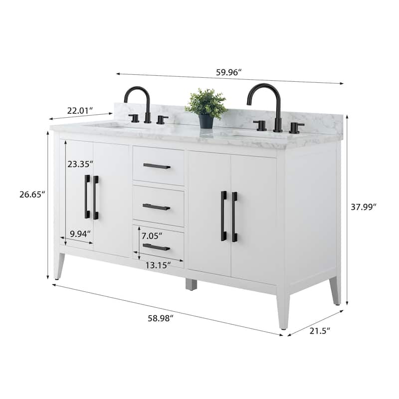 Vanity Art 60" Double Sink Bathroom Vanity Cabinet with Engineered Marble Top