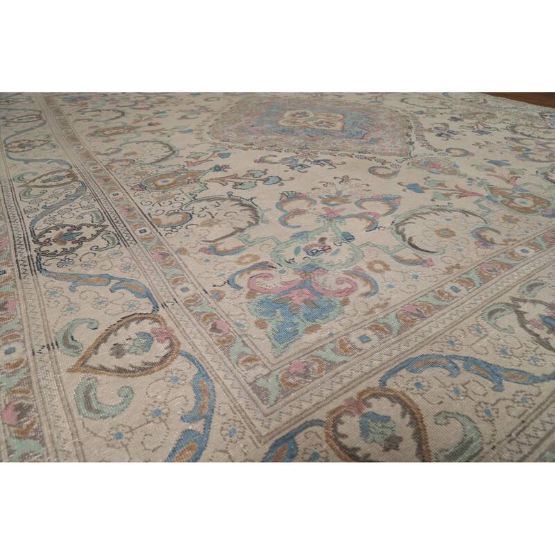 Floral Tabriz Persian Area Rug Oriental Hand-Knotted Beige Wool Carpet - 9'11"x 11'9"