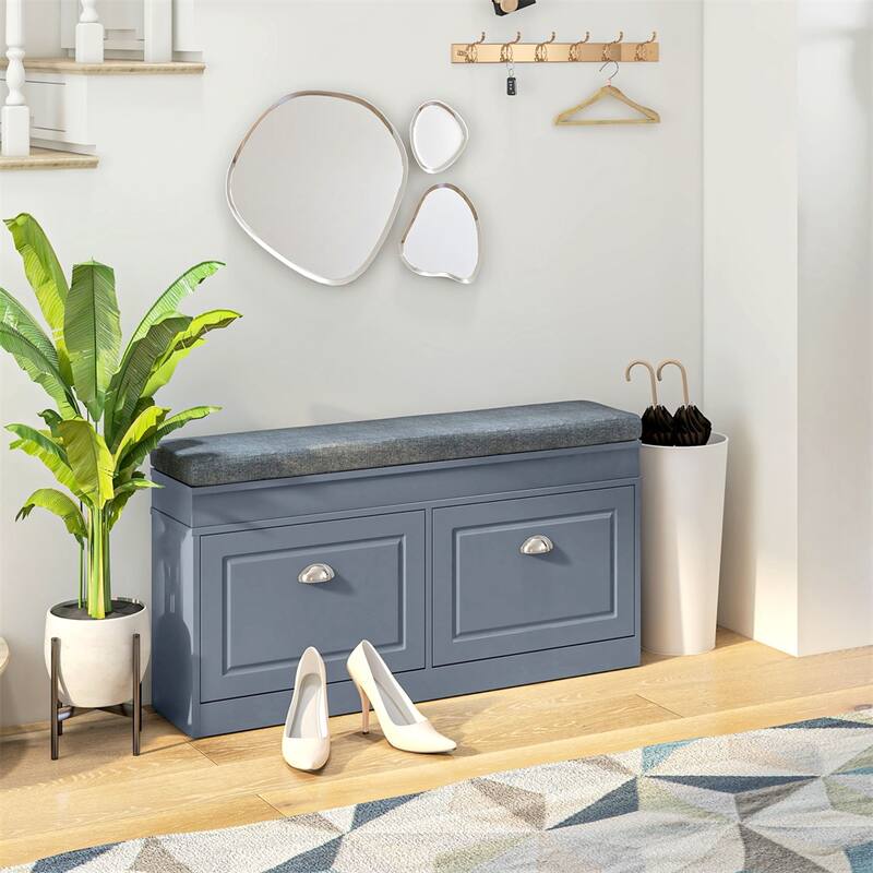 Modern Shoe Rack Bench for Entryway, Organizer with Cushion, 2 Drawers