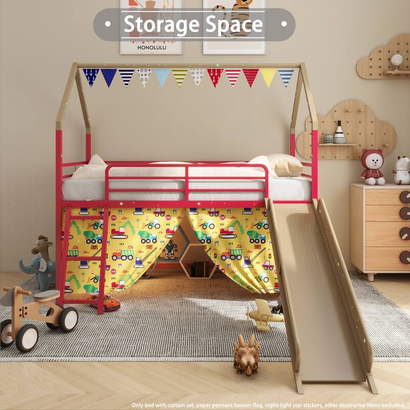 Metal Junior House Twin Loft Bed with Slide and Curtain Set and Pennant Banner Flag and Star Stickers