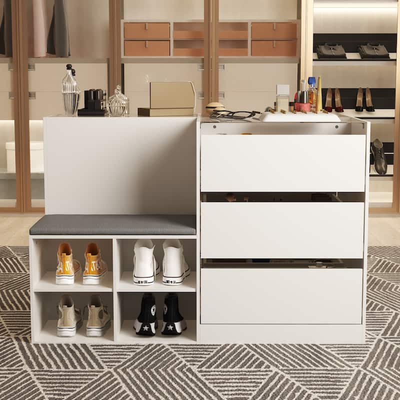Makeup Organizer Glass Top and Cushion for Jewelry, Shoe Storage Bench