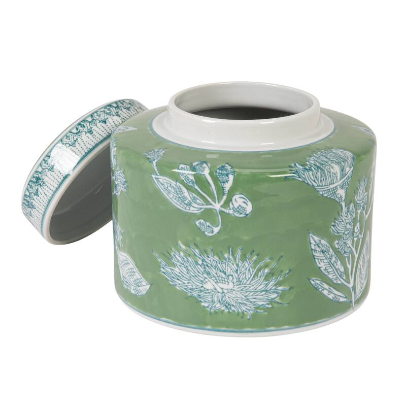 Stoneware Decorative Storage Jar with Lid and Botanical Detailing - 7.8"L x 7.8"W x 7.0"H