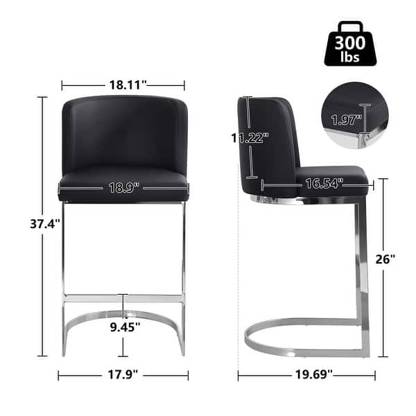 dimension image slide 10 of 13, 26-Inch Modern Upholstered Bar Stools, Counter Height Bar Stool - 18.11"W x 19.69"D x 37.4"H