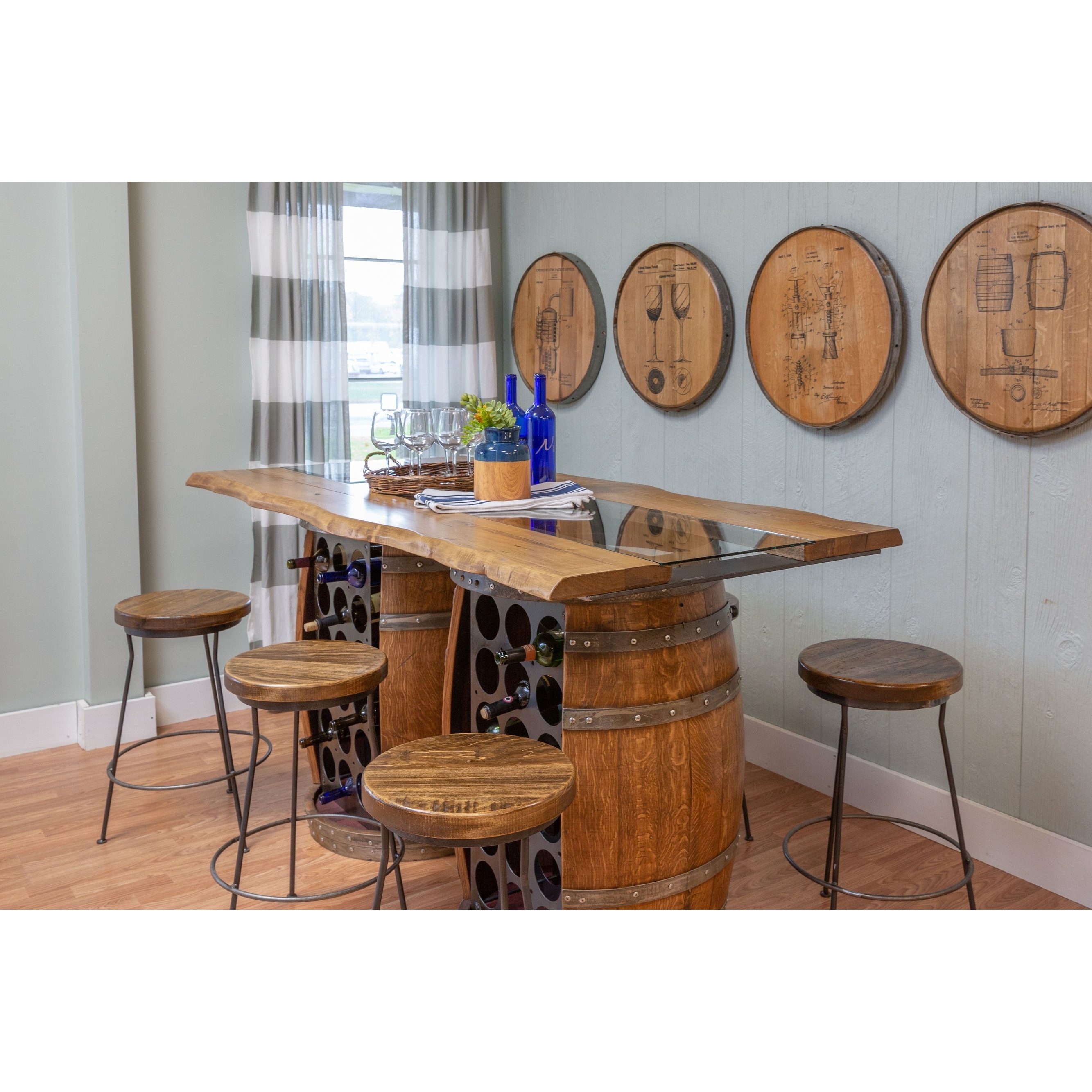 Wine Barrel Designs Live Edge 6 Person Barrel Bar Set with Wine