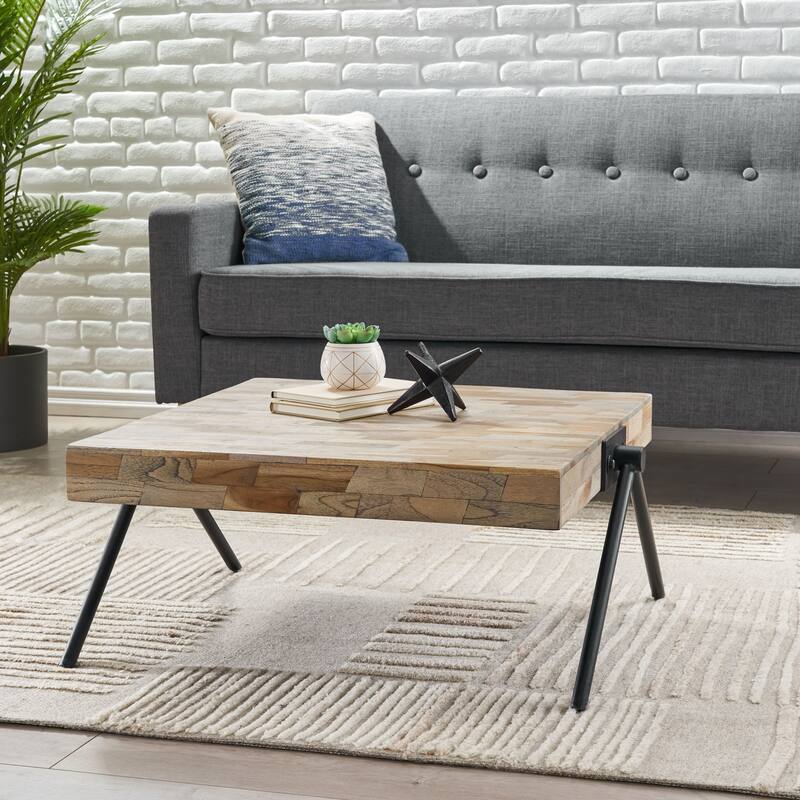 Modern Industrial Design Handcrafted Mango Wood Top Coffee Table wih Unique V-shaped Legs