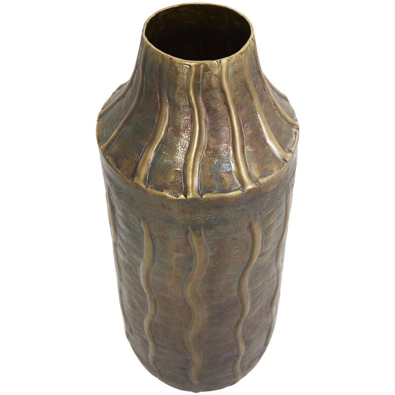 Metal Snakeskin Inspired Decorative Vase with Dimensional Wavy Accents - Brass - Roche River Decor