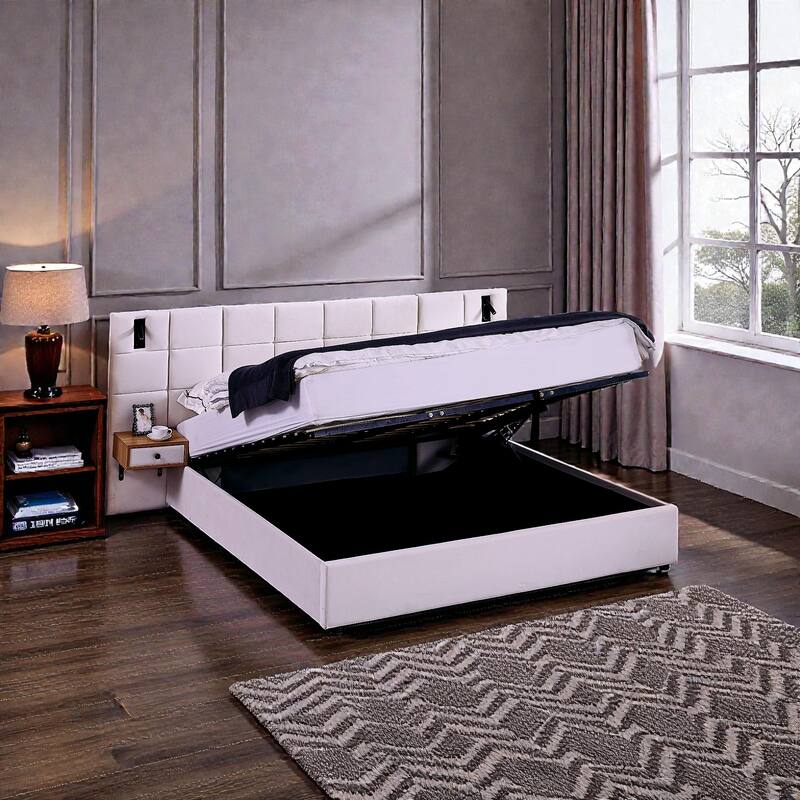 King Size Velvet Upholstered Hydraulic Storage Platform Bed with Shelves, Reading Lamps & USB Charging Port